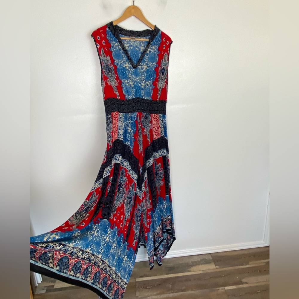 Bila Boho High Low Floral Maxi‎ Dress Size XL Smocked V-Neck Hippie Red & Blue